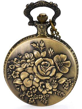 Women's Brown Quartz Antique Bronze Retro Hollow Rose Flowers Round Pocket Watch